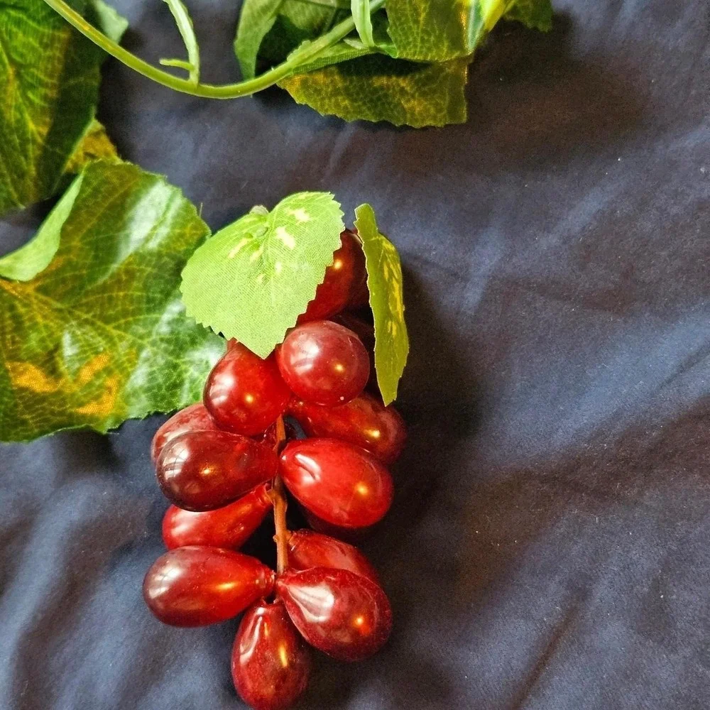 Red plastic‎ grape cluster with green leaves